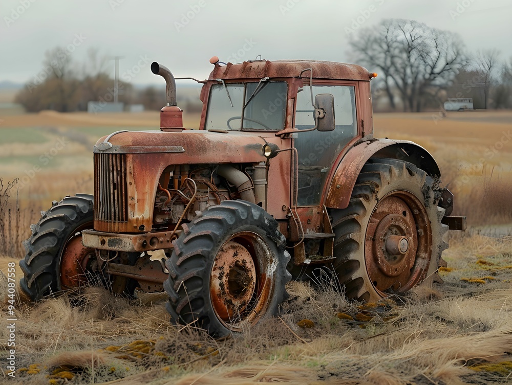 Rusty antique tractor stands alone in a field under overcast skies during autumn, showcasing rural charm and nostalgia Rusty antique tractor stands alone in a field under overcast skies during autumn, showcasing rural charm and nostalgia
