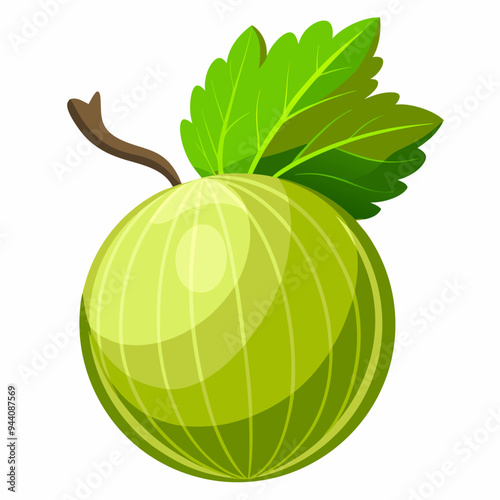 A Single Green Gooseberry with a Leaf