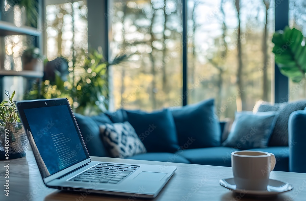 modern home office setup with an open laptop on the desk,workspace modern home office setup with an open laptop on the desk,workspace