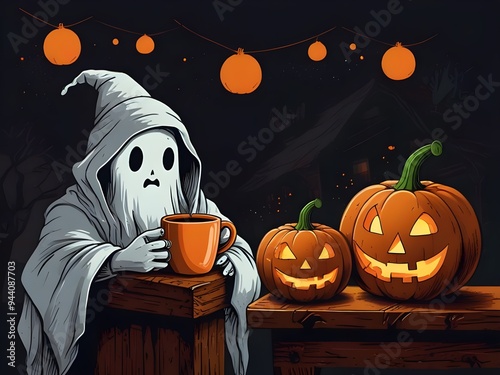 A drawing of cute cloth ghost wear beanier hat and drink coffee, jack-o-lanterns photo