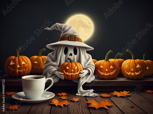 A drawing of cute cloth ghost wear beanier hat and drink coffee, jack-o-lanterns photo