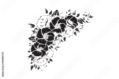 Black flowers corner decoration isolated on White background. Vector illustration photo