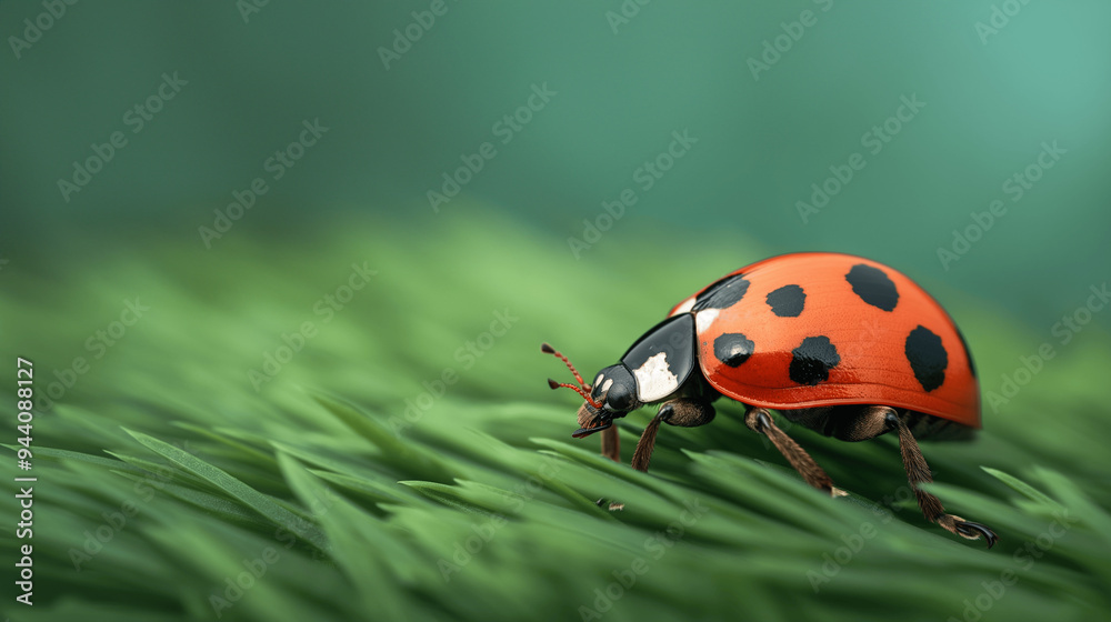Close-up of a ladybug crawling on fresh green grass. Copy space. Generative AI Close-up of a ladybug crawling on fresh green grass. Copy space. Generative AI