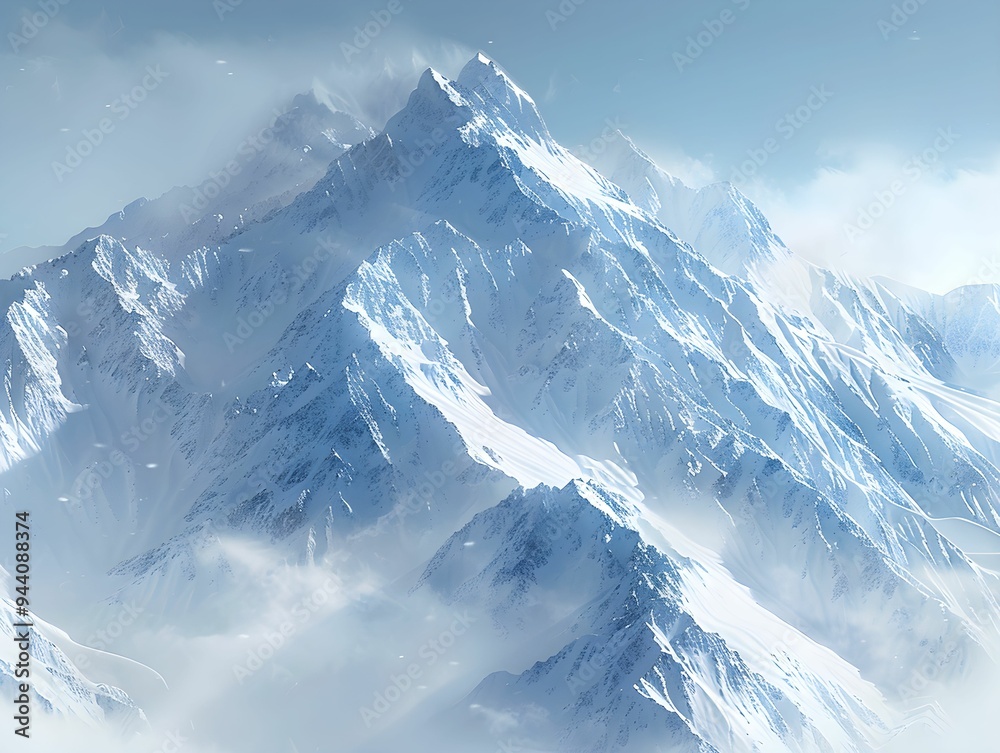 Majestic snow-capped mountain peaks rise above a sea of clouds on a crisp, clear winter morning in an alpine landscape Majestic snow-capped mountain peaks rise above a sea of clouds on a crisp, clear winter morning in an alpine landscape
