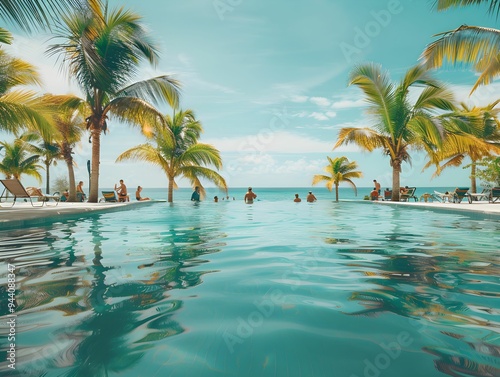 Refreshing pool with palm trees and beachgoers under a sunny sky at a tropical resort photo