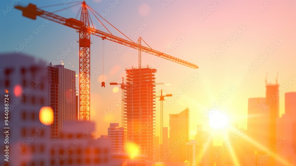 Create a stunning image of a futuristic skyscraper construction site at sunset, showcasing modern building techniques and cranes in action. Create a stunning image of a futuristic skyscraper construction site at sunset, showcasing modern building techniques and cranes in action.