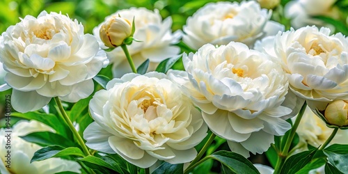 Delicate, creamy-white peonies with soft, layered petals and golden centers bloom amidst lush green foliage, evoking a sense of timeless elegance and refined beauty.