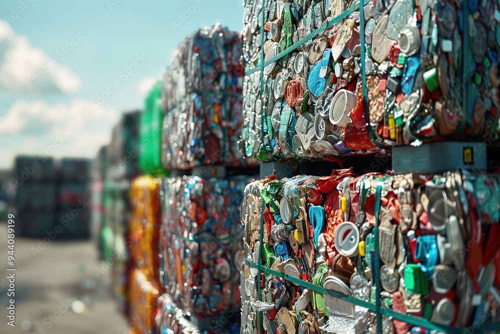 Sorted compressed waste packed in bales at sorting center warehouse ready for recycling, with copy space. Organized stacks of recyclable materials. Efficient waste management system Sorted compressed waste packed in bales at sorting center warehouse ready for recycling, with copy space. Organized stacks of recyclable materials. Efficient waste management system