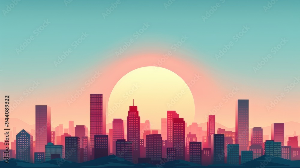 Generate a high resolution illustration of a city skyline at sunset, with skyscrapers bathed in the warm glow of the descending sun. Generate a high resolution illustration of a city skyline at sunset, with skyscrapers bathed in the warm glow of the descending sun.