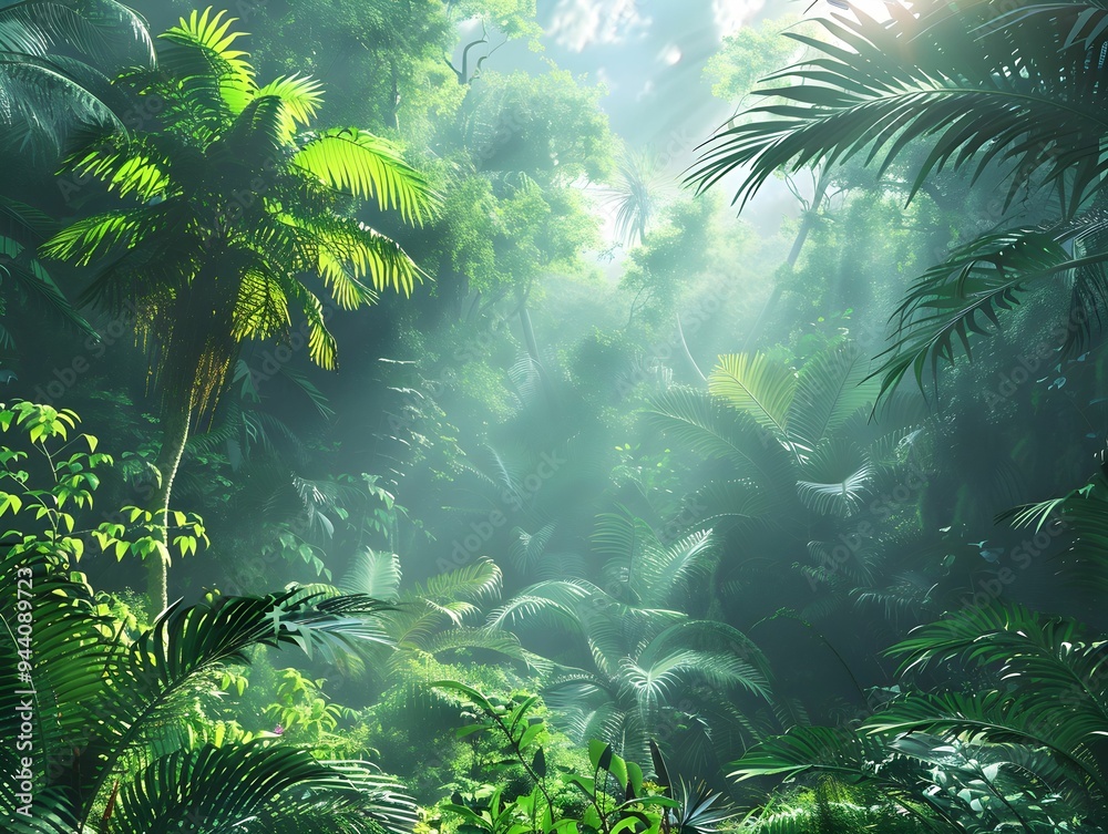 Lush tropical rainforest filled with towering palm trees and vibrant foliage under soft sunlight filtering through the canopy Lush tropical rainforest filled with towering palm trees and vibrant foliage under soft sunlight filtering through the canopy
