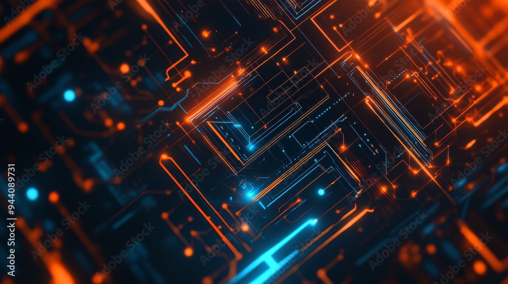 Abstract Digital Circuitry with Glowing Orange and Blue Lines, Digital Art, Circuit Board, Technology, Cyberpunk Abstract Digital Circuitry with Glowing Orange and Blue Lines, Digital Art, Circuit Board, Technology, Cyberpunk