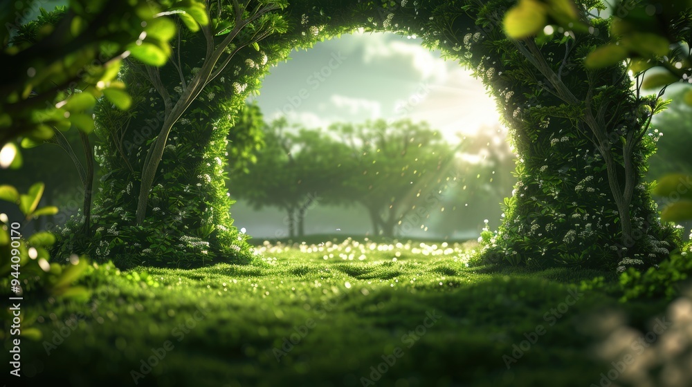 Fototapeta premium Produce a stunning scene of a mystical portal opening in an ethereal meadow, revealing a world of magic and adventure beyond.