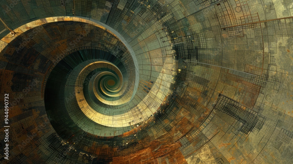 Abstract Artwork with Geometric Designs, Fibonacci Spirals, Intricate Patterns in Mixed Media Art- High-Resolution Images for Graphic Design and Wall Art