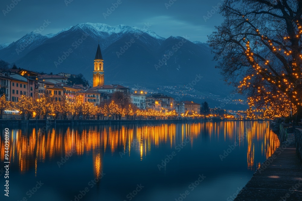 Φωτογραφία The illuminated city of Ascona and the Alpine Lake Maggiore at dusk in Ticino, Switzerland