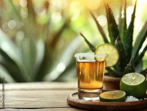 Tequila shot with lime pieces, salt and agave. Background with copy space photo