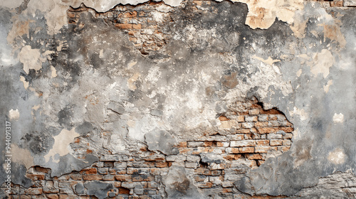 Weathered brick wall with peeling plaster and exposed textures	