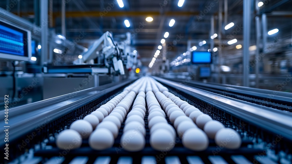 A conveyor belt with white eggs on it in a factory A conveyor belt with white eggs on it in a factory