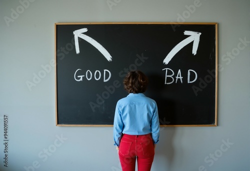 A woman stands in front of a large blackboard, her back facing the camera, contemplating two opposing arrows drawn in chalk.
