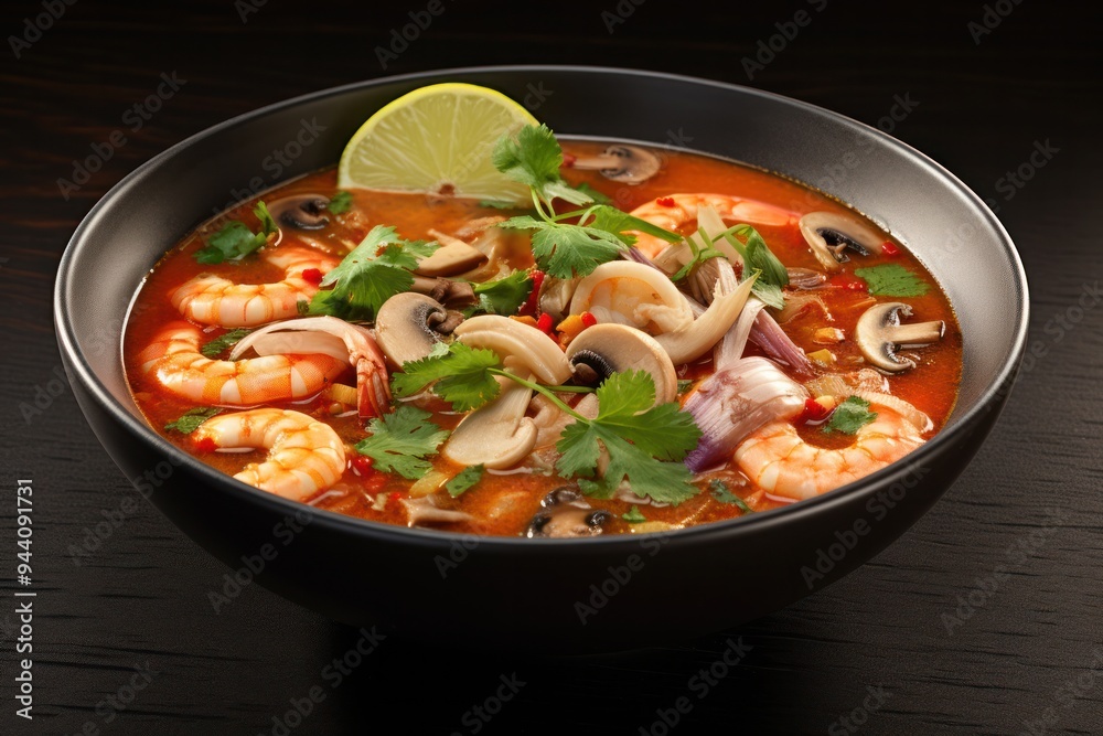 A bowl of traditional Thai Tom Yum soup with shrimp A bowl of traditional Thai Tom Yum soup with shrimp