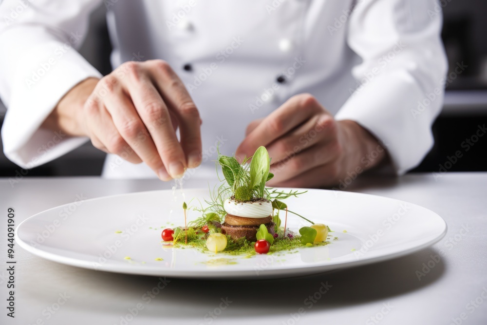 A chef garnishing a beautifully plated dish with herbs A chef garnishing a beautifully plated dish with herbs