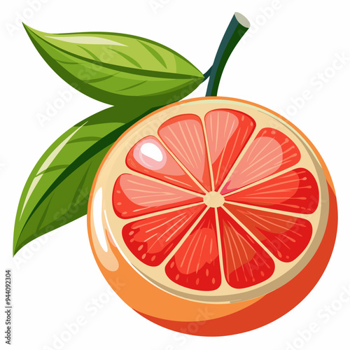 A Half-Sliced Grapefruit with Green Leaves