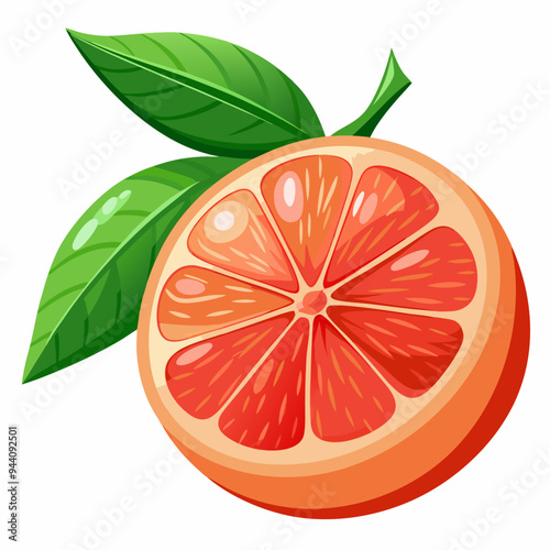 A Half-Cut Grapefruit with Green Leaves