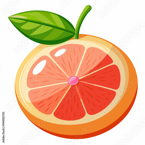 A Half-Cut Grapefruit with a Green Leaf