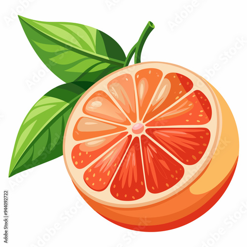 A Half-Sliced Grapefruit with Two Green Leaves