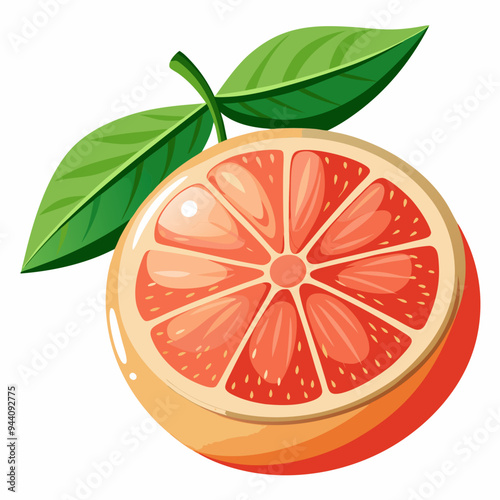 A Half-Sliced Grapefruit with Green Leaves