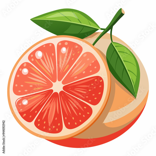 A Sliced Grapefruit with Green Leaves