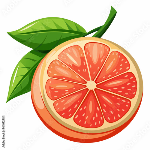 A Cartoon Illustration of a Half Grapefruit with Green Leaves