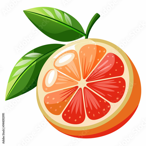 A Freshly Cut Slice of Grapefruit with Green Leaves