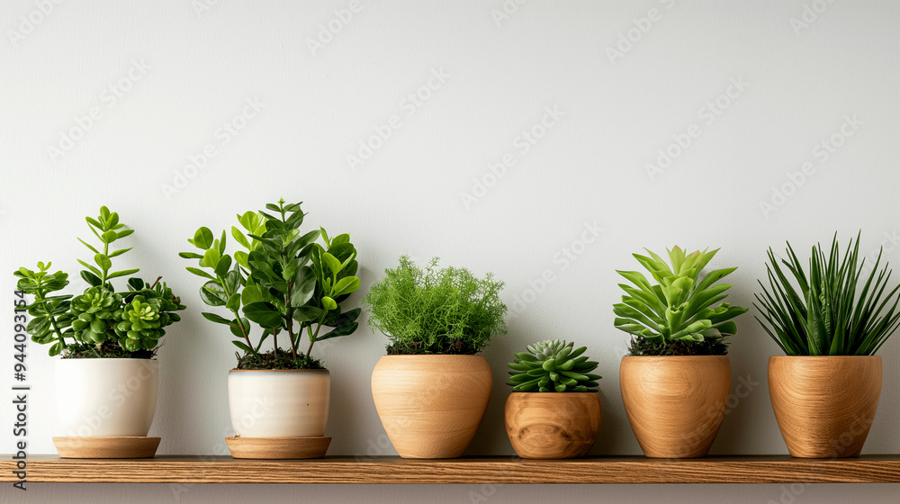 Fototapeta premium Collection of potted succulents and houseplants on a wooden shelf against a white wall. Copy space. Generative AI