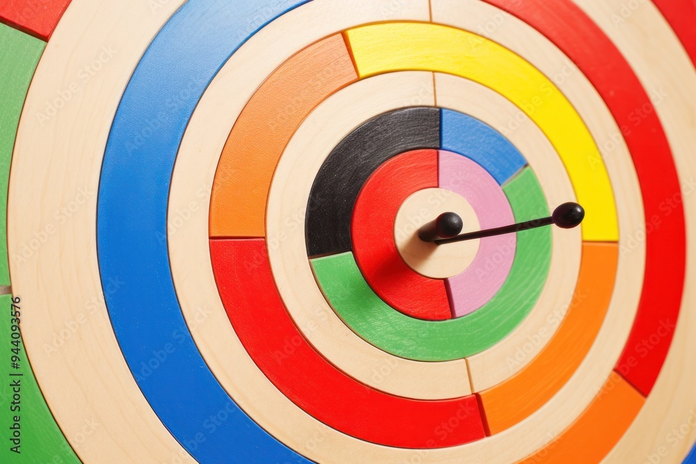A close-up view of a traditional wooden archery target with colorful concentric rings A close-up view of a traditional wooden archery target with colorful concentric rings