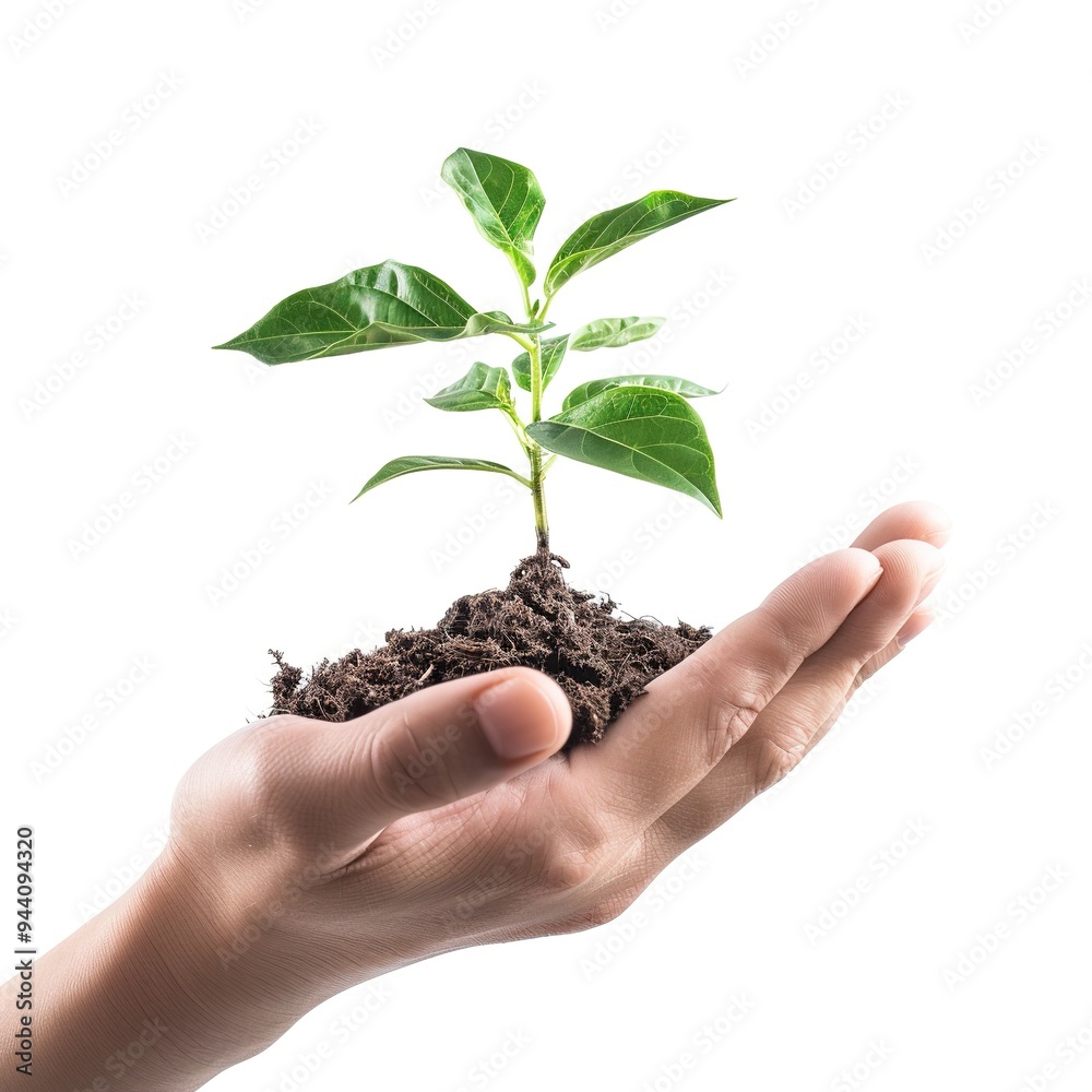 A hand holding a young plant, isolated on a white background A hand holding a young plant, isolated on a white background