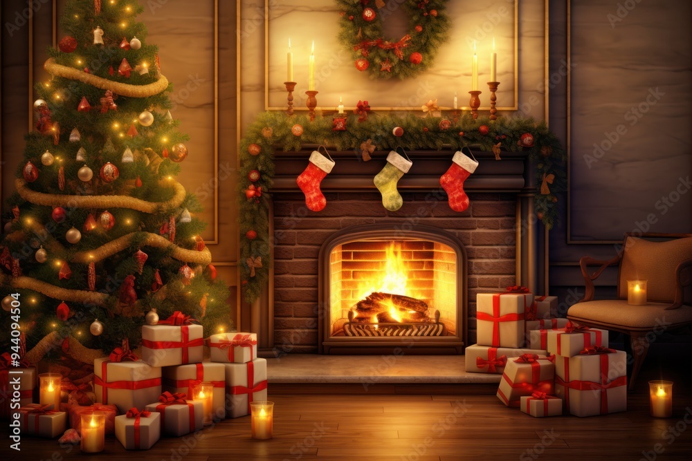Obraz premium A cozy fireplace with hanging stockings, Christmas garlands, and glowing lights, with a Christmas tree and gifts nearby