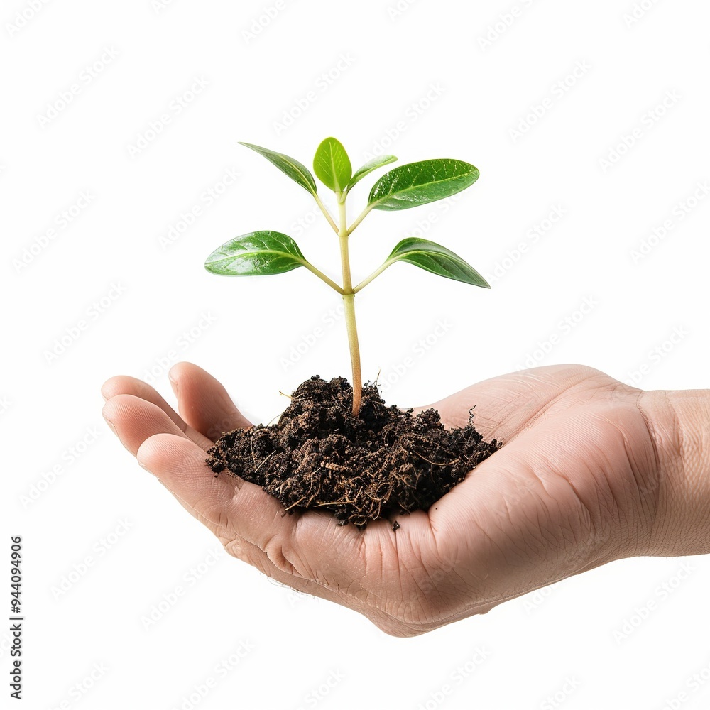 A hand holding a young plant, isolated on a white background A hand holding a young plant, isolated on a white background