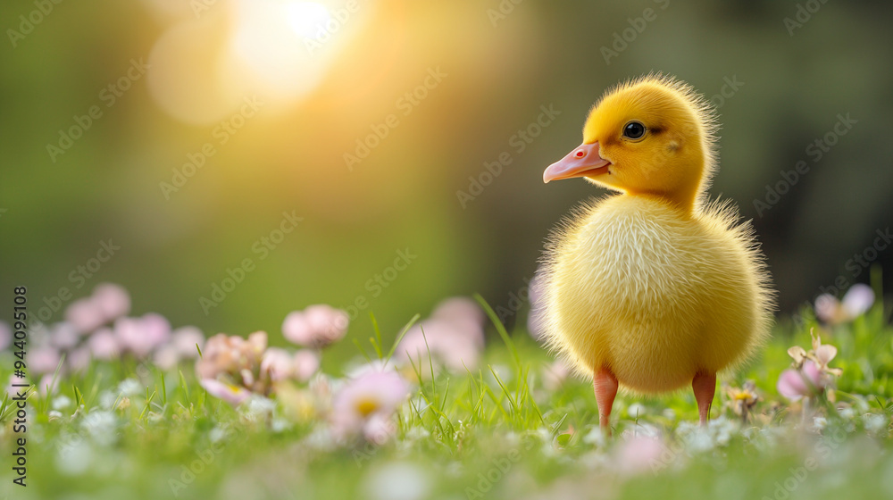 Cute duckling standing in a grassy field with flowers at sunrise. Generative AI Cute duckling standing in a grassy field with flowers at sunrise. Generative AI