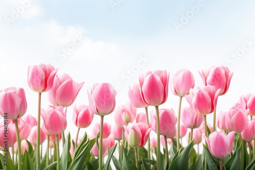 A field of pink tulips in various stages of bloom captured in bright sunlight with vivid colors