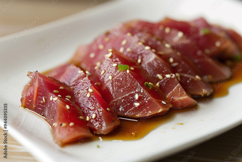 Thinly Sliced Tuna on White Plate With Soy Sauce Thinly Sliced Tuna on White Plate With Soy Sauce
