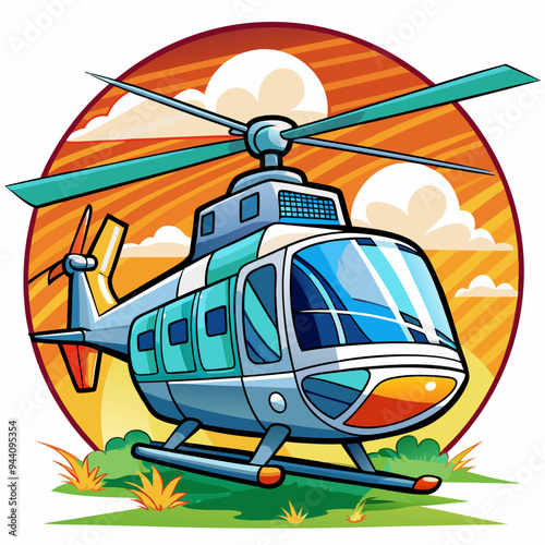 Cartoon illustration of a silver helicopter with a sunset backdrop