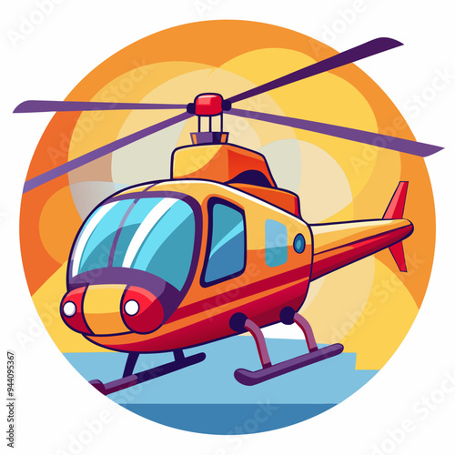 Cartoon Illustration of a Red and Yellow Helicopter with a Sunset Background