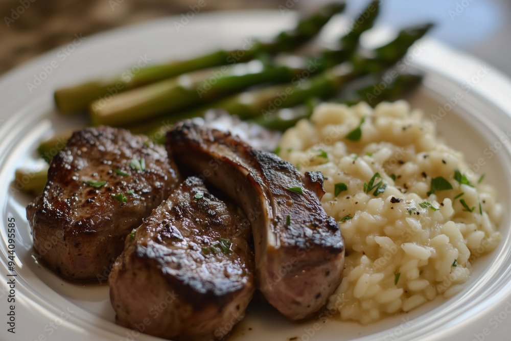 Gourmet Plate of Lamb Chops with Risotto and Asparagus Gourmet Plate of Lamb Chops with Risotto and Asparagus