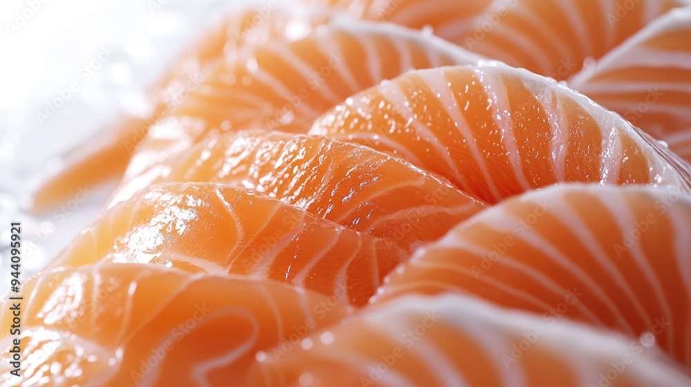 3D close-up of fresh salmon sashimi, focusing on the delicate layers and vibrant hues of the fish on a plain white background, no people. 3D close-up of fresh salmon sashimi, focusing on the delicate layers and vibrant hues of the fish on a plain white background, no people.
