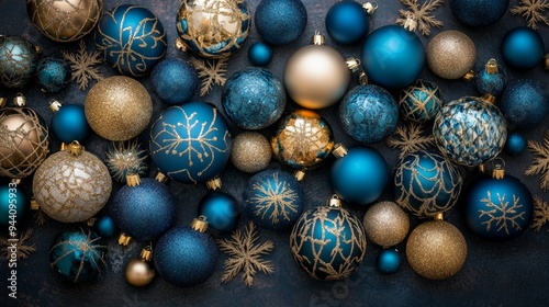 The background of this Christmas Baubel is a festive blue and gold color scheme. photo