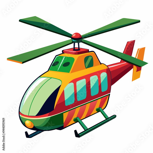 Colorful Cartoon Helicopter with Green Blades and Striped Body