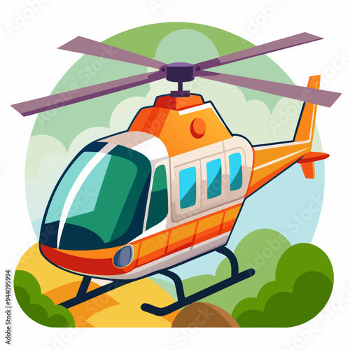 Orange and White Helicopter Flying Over Green Hills