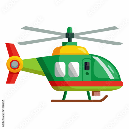 Green and Yellow Helicopter with Red Tail Fin and Rotor Blades