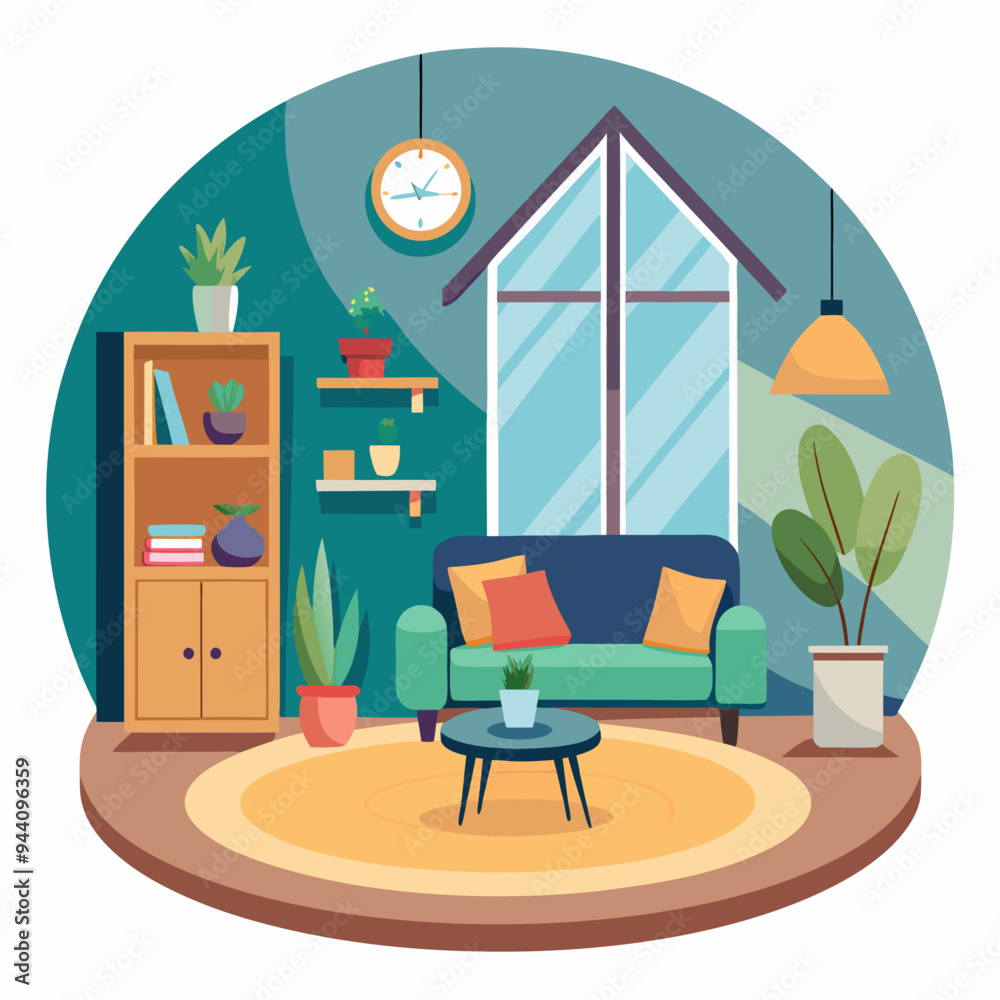 Fototapeta premium A Living Room Interior with a Couch, Plants, and a Bookcase