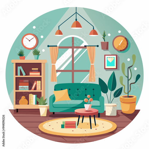 Cozy Living Room Interior with Green Sofa, Bookshelf, and Plants